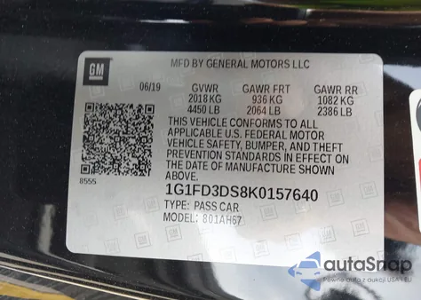 2019 Chevrolet Camaro 2Lt from USA, damaged, VIN 1G1FD3DS8K0157640